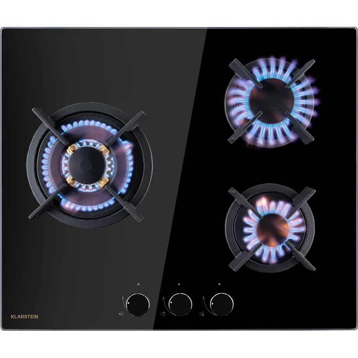 Klarstein Goldflame 3 Gaskochfeld , 3-flammig Messing-Brenner , 6,2 kW , Glaskeramik , inklusive Schlauch und Druckminderer – Bild 1