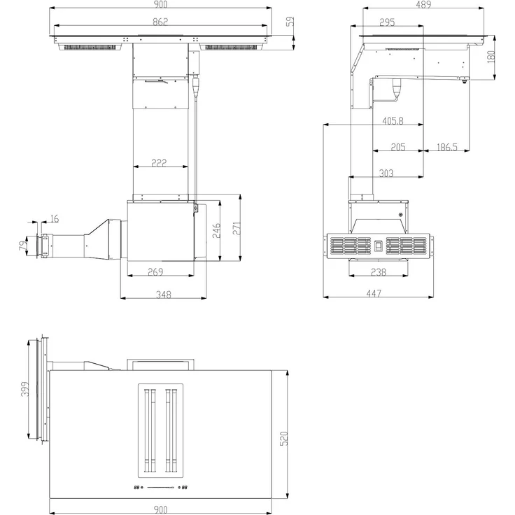 Klarstein Full House 2.0 DownAir Induktions-Kochfeld mit Kochfeldabzug , Dunstabzugshaube , Tischhaube , Einbaugerät , Autark , 90 cm , 4 Zonen , 2 Flexzonen  , 7110 W , 271 m³ h Abluftleistung ,  A+ , Touch Control , umrüstbar: für Umluftbetrieb geeignet – Bild 9
