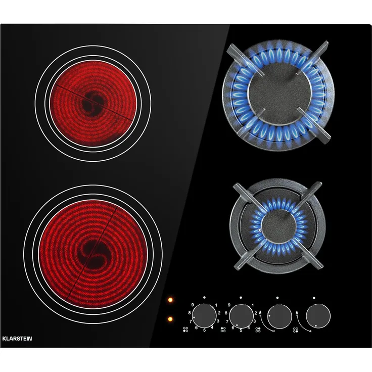 Klarstein MultiChef 4 Kombi-Gaskochfeld , Gas Glaskeramik , 6,4 kW aufgeteilt auf 4 Kochzonen ,  9 Leistungsstufen ,  Flammenausfall-Schutz