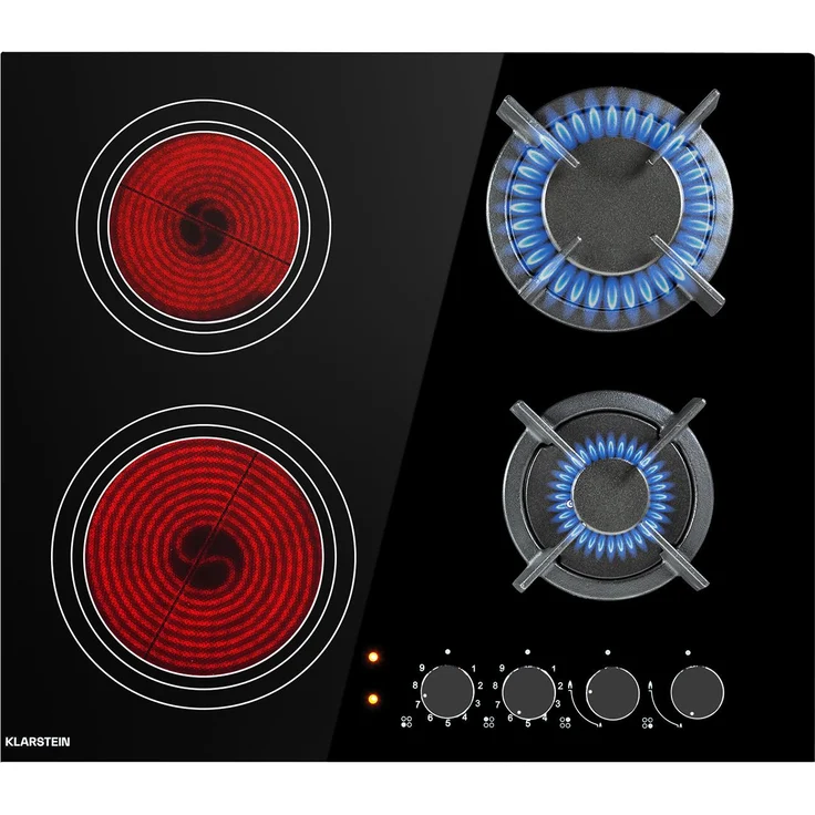 Klarstein MultiChef 4 Kombi-Gaskochfeld , Gas Glaskeramik , 6,4 kW aufgeteilt auf 4 Kochzonen ,  9 Leistungsstufen ,  Flammenausfall-Schutz – Bild 1