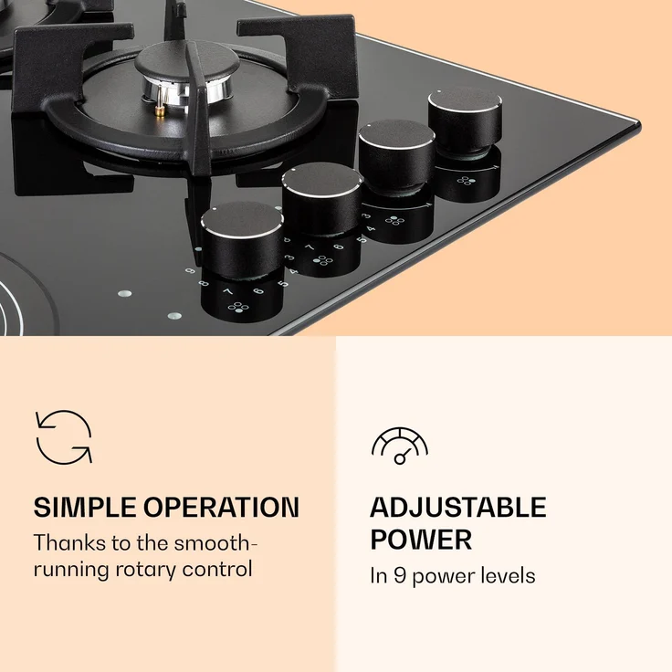 Klarstein MultiChef 4 Kombi-Gaskochfeld , Gas Glaskeramik , 6,4 kW aufgeteilt auf 4 Kochzonen ,  9 Leistungsstufen ,  Flammenausfall-Schutz – Bild 5