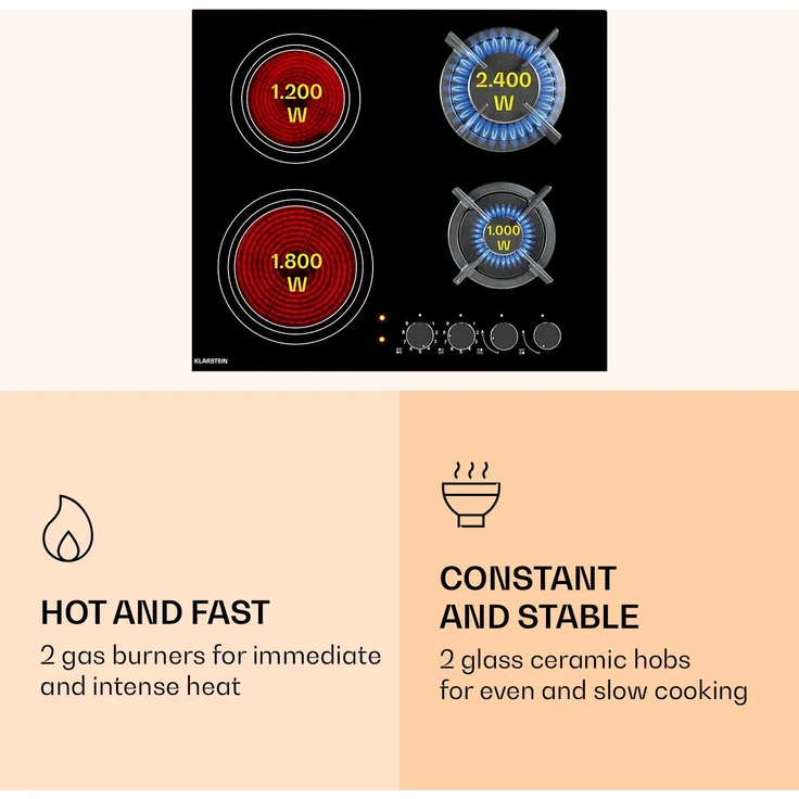 Klarstein MultiChef 4 Kombi-Gaskochfeld , Gas Glaskeramik , 6,4 kW aufgeteilt auf 4 Kochzonen ,  9 Leistungsstufen ,  Flammenausfall-Schutz – Bild 3