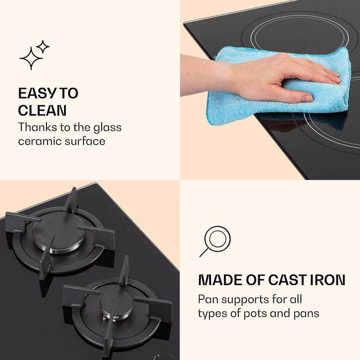 Klarstein MultiChef 4 Kombi-Gaskochfeld , Gas Glaskeramik , 6,4 kW aufgeteilt auf 4 Kochzonen ,  9 Leistungsstufen ,  Flammenausfall-Schutz – Bild 7