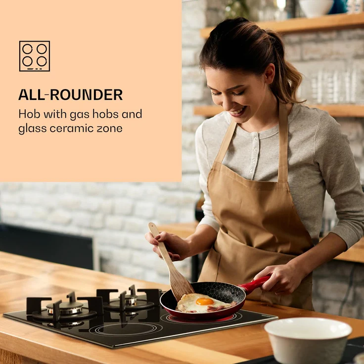 Klarstein MultiChef 4 Kombi-Gaskochfeld , Gas Glaskeramik , 6,4 kW aufgeteilt auf 4 Kochzonen ,  9 Leistungsstufen ,  Flammenausfall-Schutz – Bild 2