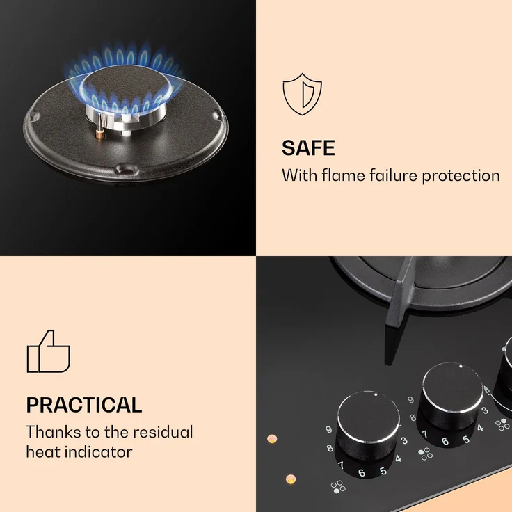 Klarstein MultiChef 4 Kombi-Gaskochfeld , Gas Glaskeramik , 6,4 kW aufgeteilt auf 4 Kochzonen ,  9 Leistungsstufen ,  Flammenausfall-Schutz – Bild 4