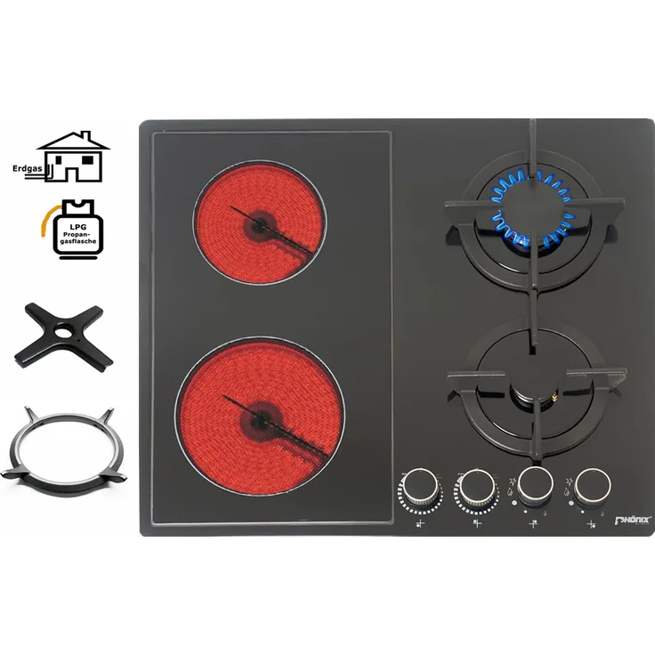 Phönix PE-603ET kombi Gaskochfeld 4 flammig Gaskocher Glaskeramik Einbauherd Schwarz liert