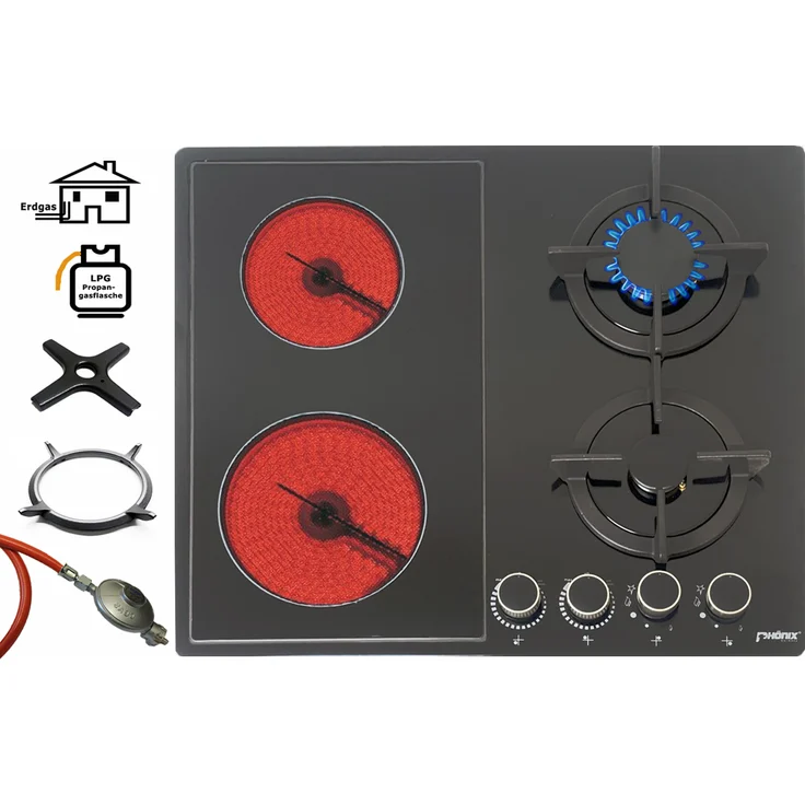 Phönix PE-603ET kombi Gaskochfeld 4 flammig Gaskocher Glaskeramik Einbauherd Schwarz + Zubehör