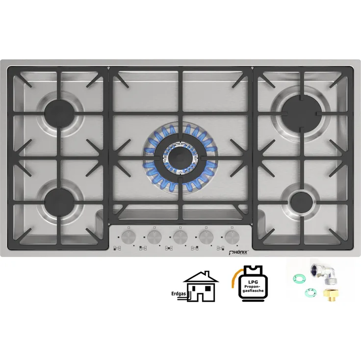 Phönix PS-905FL flächenbündiges Gaskochfeld Gaskocher 5 flammig Edelstahl Einbauherd 90cm - Preisvergleich