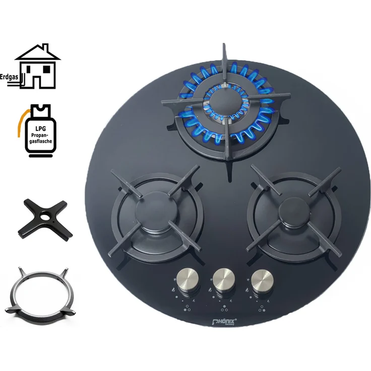 Phönix PG-603RT Gaskochfeld 3 flammig rund Glas Gaskocher Einbauherd + WOK-Aufsatz - Preisvergleich