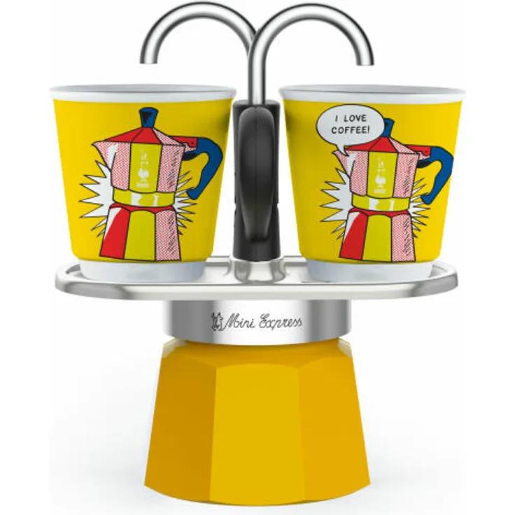 Bialetti Espressokocher-Set Mini 3-tlg. Express Lichtenstein für 2 Tassen, Espresso, Espressokanne, Kaffeebereiter, Bunt, 90 ml, 1405
