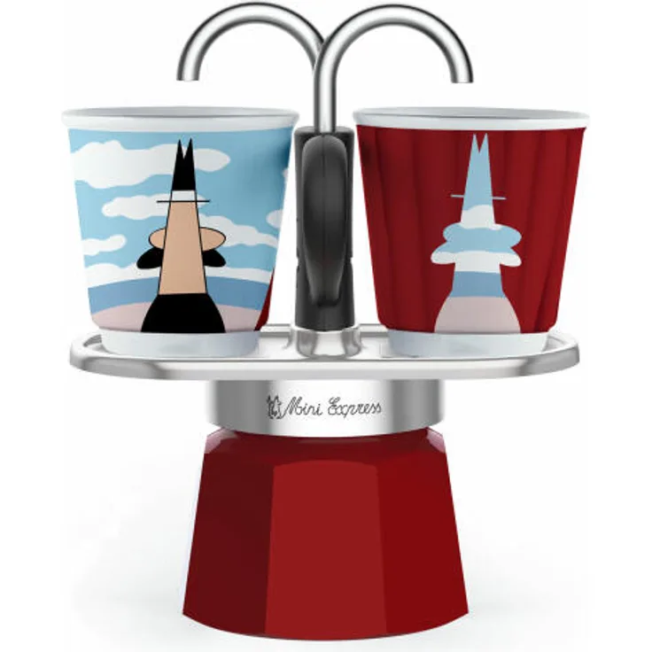 Bialetti Espressokocher-Set Mini 3-tlg. Express Magritte für 2 Tassen, Espresso, Espressokanne, Kaffeebereiter, Bunt, 90 ml, 1406