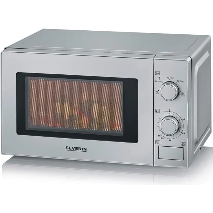 Severin MW 7899 Mikrowelle, Standgerät, Garraum 20L, 700W, 5 Leistungsstufen, Auftauprogramm, Timer, silber – Bild 1