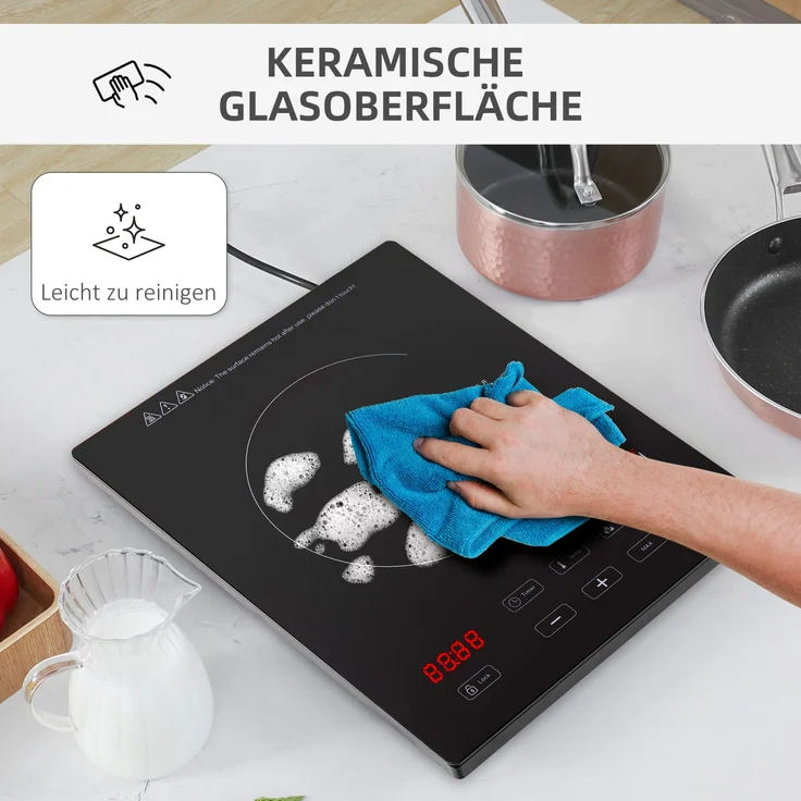 HOMCOM Einzelkochplatte Elektrokochfeld mit 8 Leistungs- und Temperaturstufen 4 Stunden Timer Kindersicherung Sensor Touch-LED-Display Schwarz 38 x 31 x 6,3 cm – Bild 6