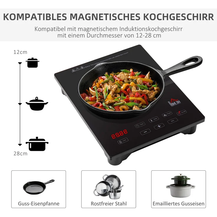 HOMCOM Einzelkochplatte Elektrokochfeld mit 8 Leistungs- und Temperaturstufen 4 Stunden Timer Kindersicherung Sensor Touch-LED-Display Schwarz 38 x 31 x 6,3 cm – Bild 4