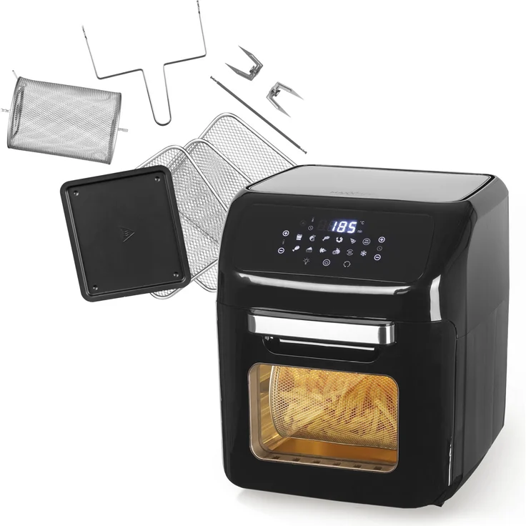 MAXXMEE 04703 Heißluft-Fritteuse, 1800W, ohne Fett, 12 l Fassungsvermögen, LED, Auftauen, Grill, Heißluft, Drehspieß, Display, schwarz – Bild 1