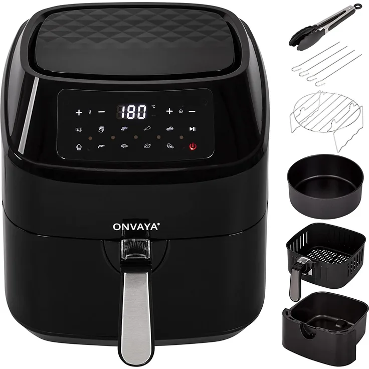 ONVAYA Heißluftfritteuse, Airfryer XXL, Fritteuse ohne Öl & Fett, für 5-6 Personen, mit LED-Display, 10 Programme, 1700 W, inkl. Backform & Grillrost mit Spießen, schwarz - Preisvergleich