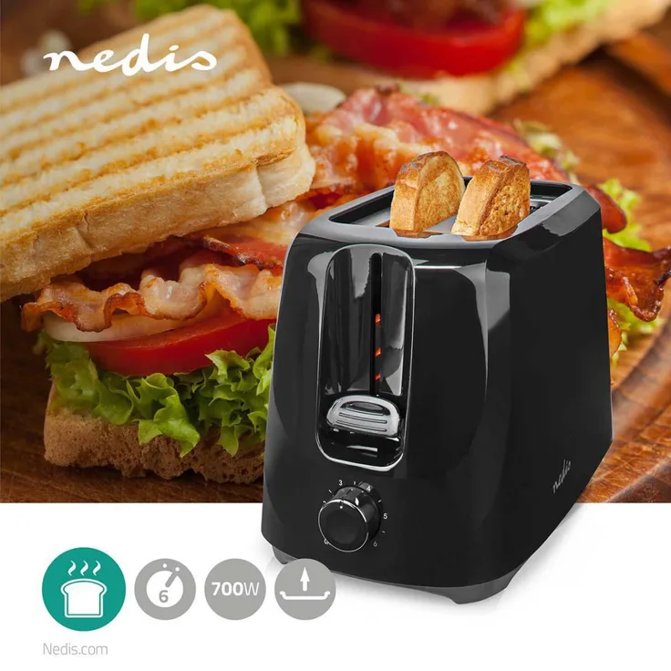 Nedis KABT150EBK 2-Scheiben-Toaster, 700W, 6 Bräunungsstufen, Krümelschublade, Kunststoff, schwarz