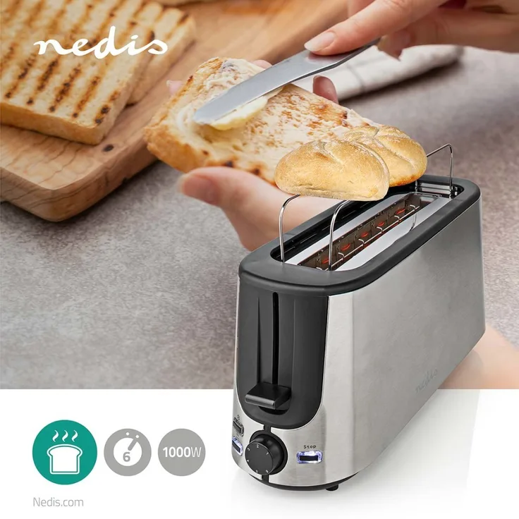 Nedis KABT310EAL Langschlitztoaster, 1000W, 6 Bräunungsstufen, Auftaufunktion - Brötchenaufsatz, Aluminium, edelstahl, schwarz