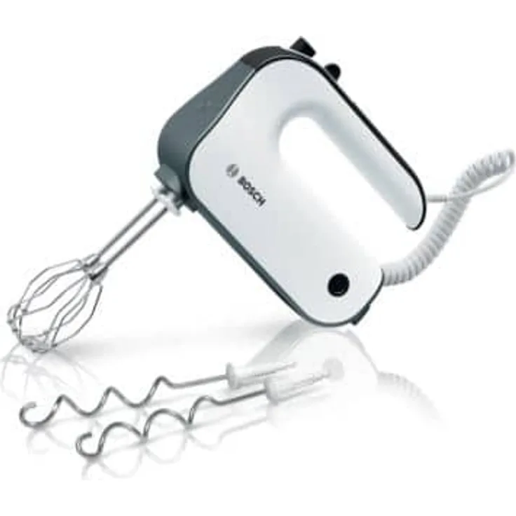 Bosch MFQ49300 Handmixer, 850 W, 5 Leistungsstufen, spülmaschinenfestes Zubehör, Spiralkabel, inkl. 2 Edelstahl Rührbesen- und Knethaken, silber, weiß
