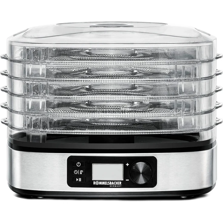 Rommelsbacher DA 350 Dörrautomat, 350W, 5 Ablagen, Signalton, Abschaltautomatik, Drehregler, mit Timer, LCD-Display, edelstahl-schwarz – Bild 1