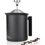 Milu Milchaufschäumer manuell, 400ml, 800ml, Hand Milchschäumer für Milch Cappuccino, Kaffee, Latte, Heiße Schokolade, Edelstahl, schwarz