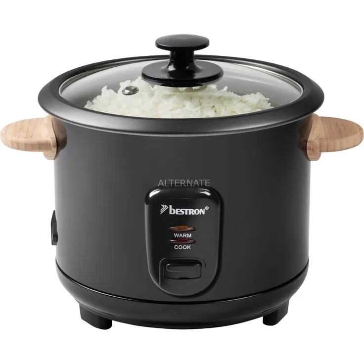 Bestron ARC180BW Reiskocher, 700W, 1,8 Liter, für 8 - 10 Personen, Warmhaltefunktion, inkl. Messbecher, Reiflöffel, mit Bambusgriffen, Kontrollleuchte, Wasserstandsanzeige, antihaftbeschichtet, schwarz-holz