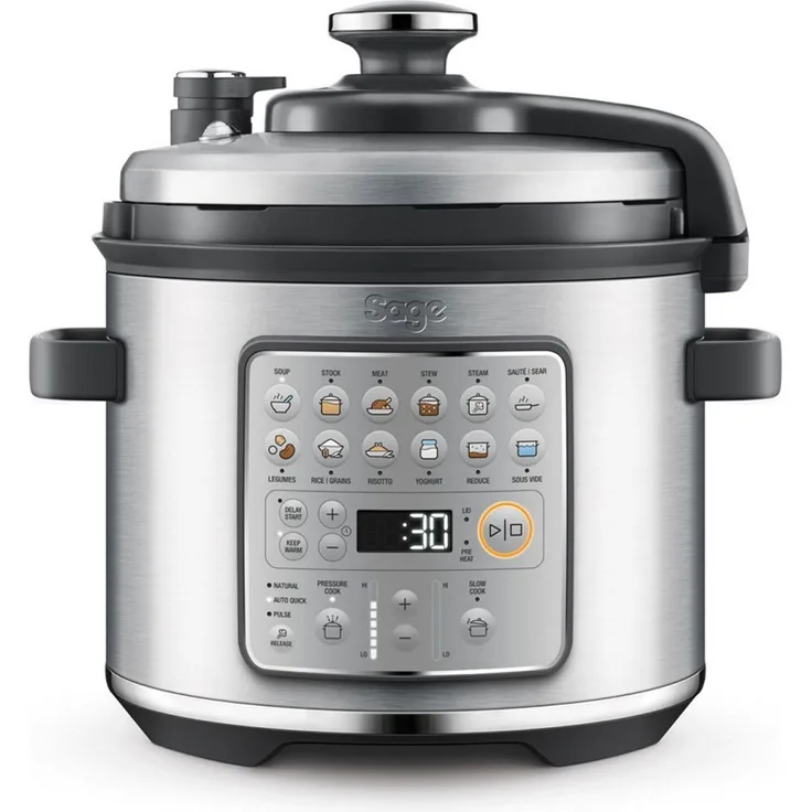 Sage the Fast Slow GO Cooker, Multikocher, 1100W, 14 Schnellauswahl-Funktionen, 8 Geschwindigkeiten, mit Deckel, Edelstahl, inkl. Servierlöffel, Untersetzer aus Stahl, silber