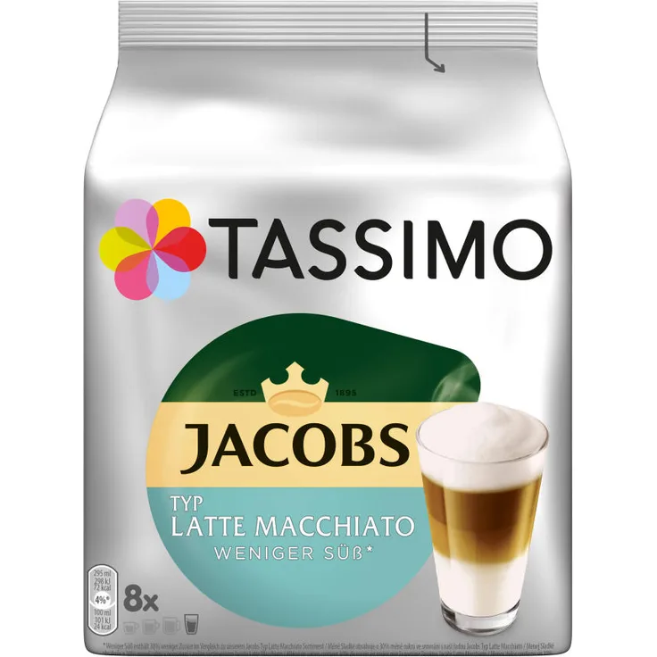 Tassimo Jacobs Typ Latte Macchiato Weniger Süß, Kaffeekapsel, Milchkaffee, 220 g, 8 Portionen
