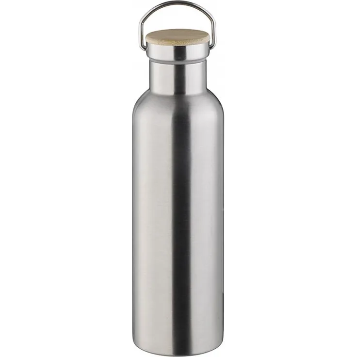 Trinkflasche Ø 7,5 cm, H: 29,5 cm 18-8 Edelstahl, mattiert mit Griff mit Holzdeckel (Bambus) inklusive Ersatzdichtung