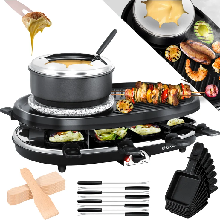 Kesser 3in1 Raclette-Grill mit Naturgrillstein, 1500W, Grillplatte und Fondue, Tischgrill für 8 Personen, Elektrogrill Raclette Grill antihaftbeschichteter Grillplatte, 8 Pfannen und Holzspatel, silber, schwarz – Bild 1