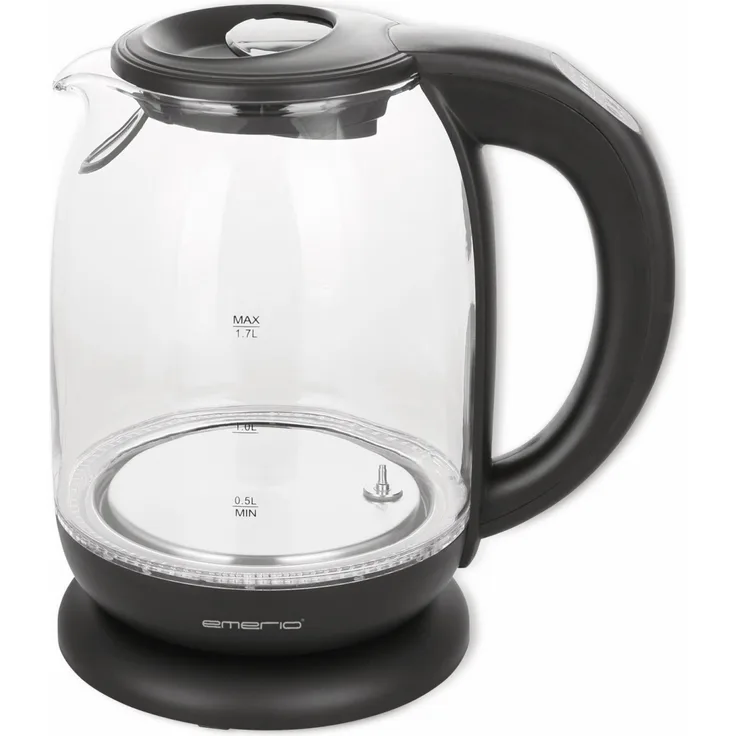 Emerio WK-119255 Glas-Wasserkocher, 1,7 l, 2200 Watt, Kalkfilter, Wasserstandsanzeige, Innenbeleuchtung, Abschaltautomatik, Warmhaltemodus, schwarz