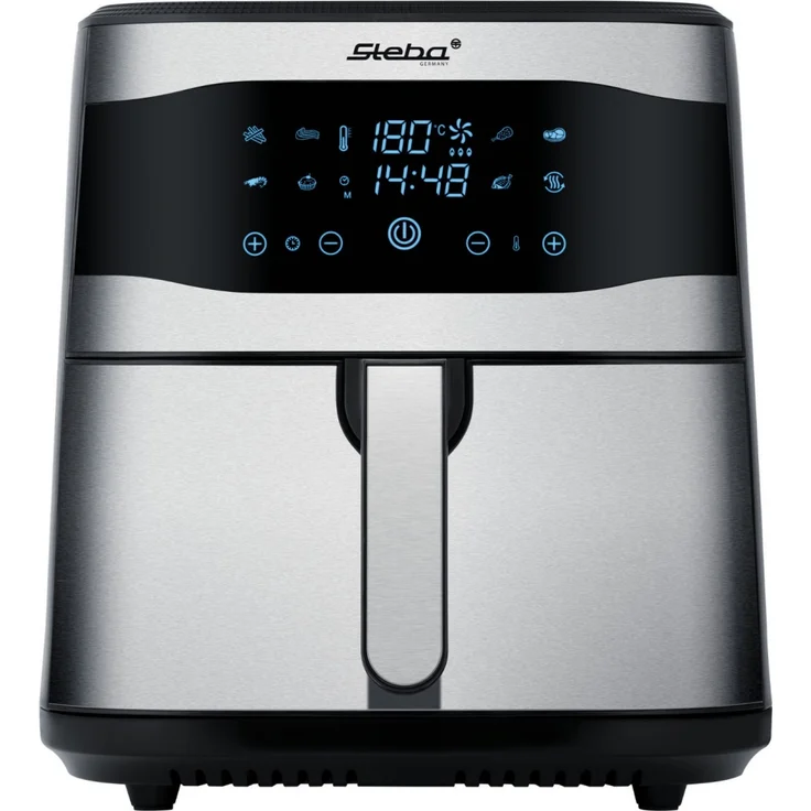 Steba HF 8000 Family Heißluftfritteuse, 8 Liter, 1800W, Antihaftbeschichtung, herausnehmbarer Behälter, 60 Minuten Timer, 8 Programme, Display, Überhitzungsschutz, edelstahl-schwarz – Bild 1
