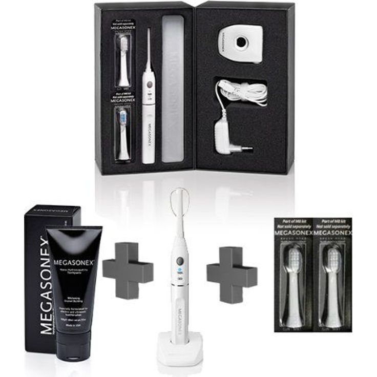 Megasonex M8 Megaset, Ultraschalltechnologie, Set mit Zungenreiniger, Zahnpasta & 3 Aufsteckbürsten soft, 1 Aufsteckbürste medium