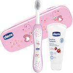 Chicco Oral Set inklusive Zahnbürste und Zahnpaste Erdbeere mit Flourid, rosa