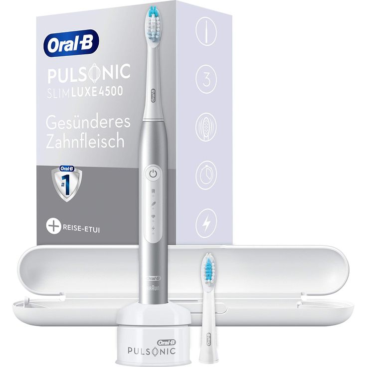 Oral-B Pulsonic Slim Luxe 4500, Schallzahnbürste für gesünderes Zahnfleisch, mit Sensitiv-Programm, 2 Aufsteckbürsten, silber mit weißem Reiseetui – Bild 2