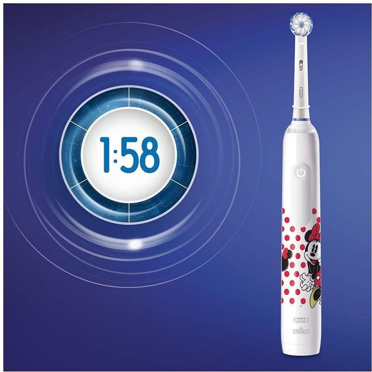 Oral-B Junior Minnie Mouse elektrische Zahnbürste mit visueller Andruckkontrolle & integriertem Timer, für Kinder ab 6 Jahren, weiß – Bild 3