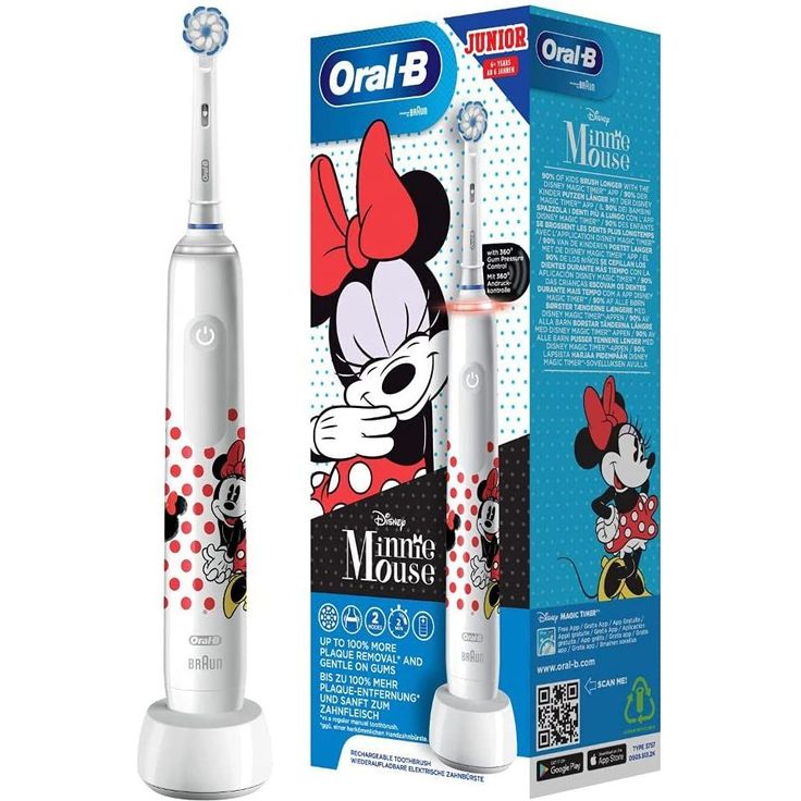 Oral-B Junior Minnie Mouse elektrische Zahnbürste mit visueller Andruckkontrolle & integriertem Timer, für Kinder ab 6 Jahren, weiß – Bild 1