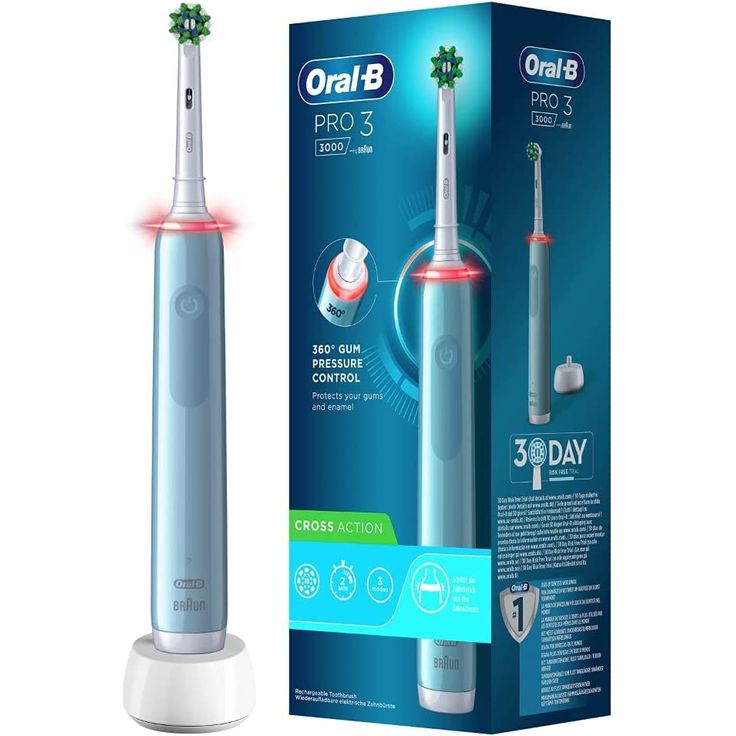 Oral-B Pro 3 3000 CrossAction hellblau-weiß mit visueller Andruckkontrolle für extra Zahnfleischschutz, 3 Reinigungsprogramme & Timer – Bild 4