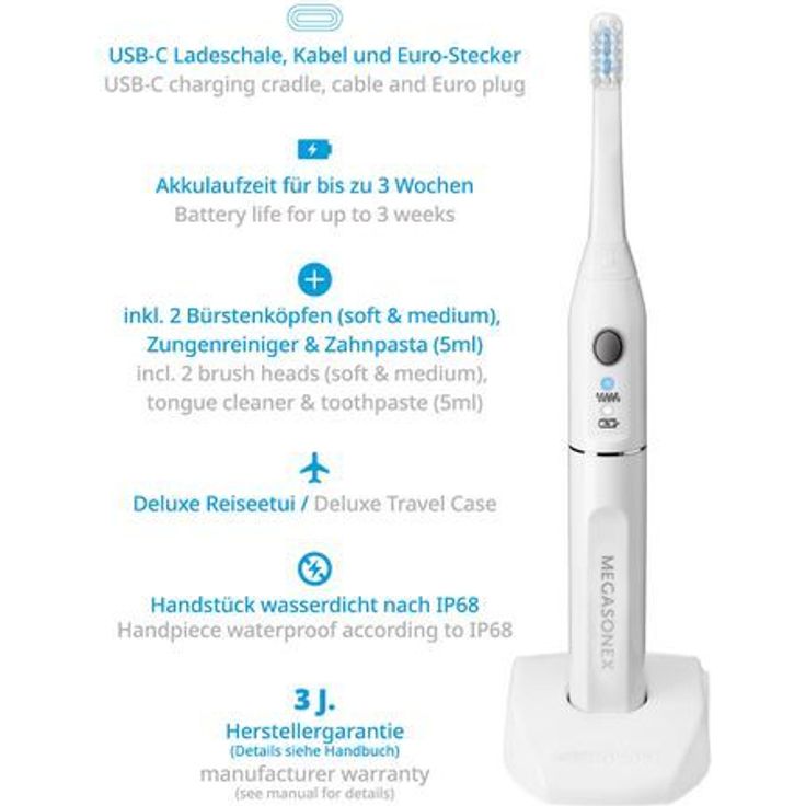 Megasonex M8 S, Ultraschallzahnbürste der neuen Generation, inkl. 2 Bürstenköpfe soft/medium, Zungenreiniger-Aufsatz & Zahnpasta 5 ml – Bild 2