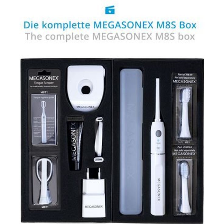 Megasonex M8 S, Ultraschallzahnbürste der neuen Generation, inkl. 2 Bürstenköpfe soft/medium, Zungenreiniger-Aufsatz & Zahnpasta 5 ml – Bild 3
