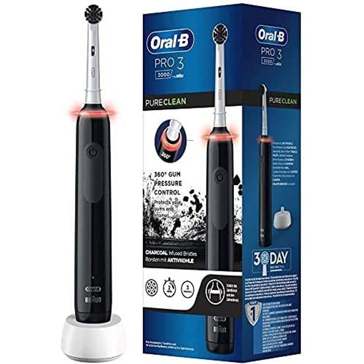Oral-B Pro 3 3000 Pure Clean Elektrische Zahnbürste, schwarz, mit visueller Andruckkontrolle, Borsten mit Aktivkohle