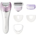 Philips Satinelle Advanced BRE635/00 Epilierer Akkubetrieb Nass- und Trockenanwendung OptiLight Technologie inkl. Aufsatz für sensible Bereiche, Trimmeraufsatz, Rasieraufsatz weiß, lila
