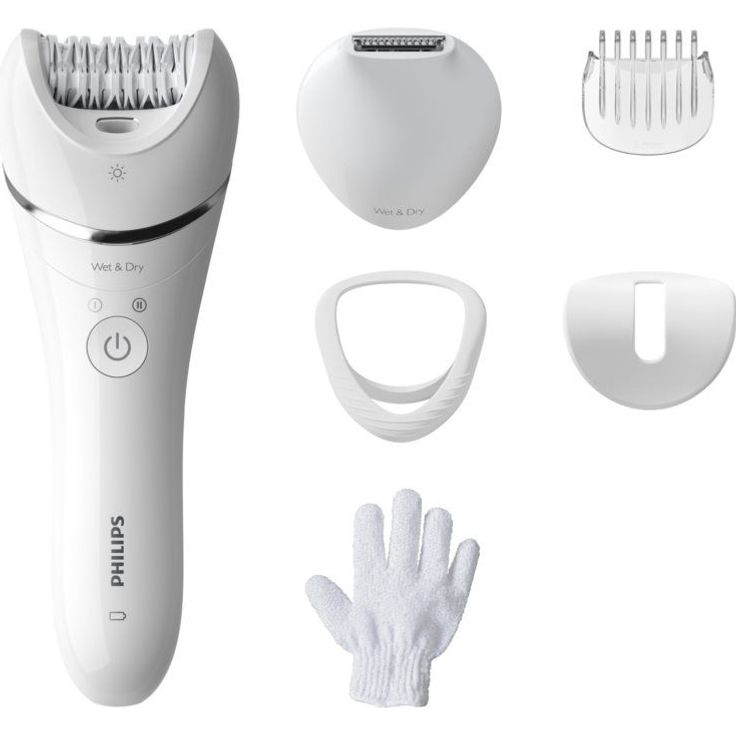 Philips Series 8000 BRE715/00 Epilierer Akkubetrieb Nass- und Trockenanwendung zur Anwendung an Beinen, Körper und Achselhöhlen inkl. Aufsatz für sensible Bereiche, Körperpeeling-Handschuh, Trimmeraufsatz weiß, chrom