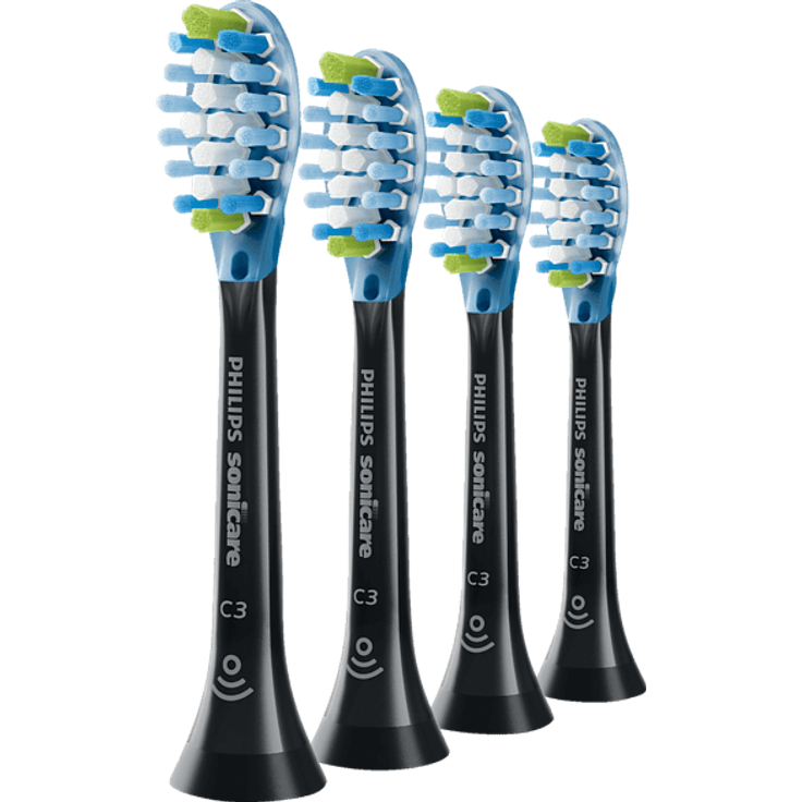 Philips Sonicare C3 Ersatzbürsten HX9044/33 Aufsteckbürste Premium Plaque Defence, 10x mehr Plaqueentfernung, RFID-Chip, 4er-Pack, schwarz