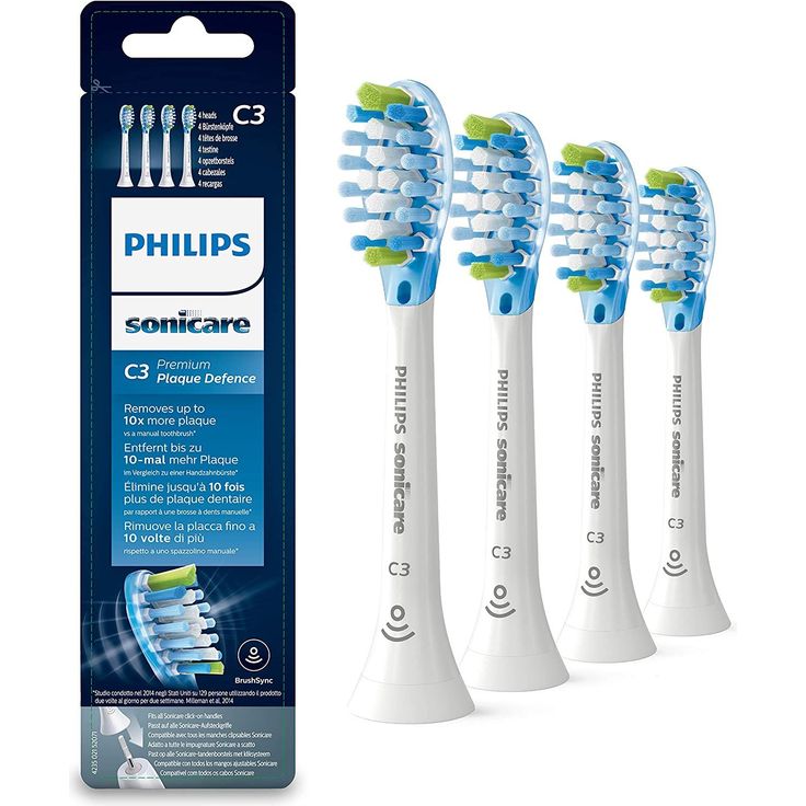 Philips Sonicare C3 Ersatzbürsten HX9044/17 Aufsteckbürste Premium Plaque Defence 10x mehr Plaqueentfernung 4er-Pack, weiß – Bild 1