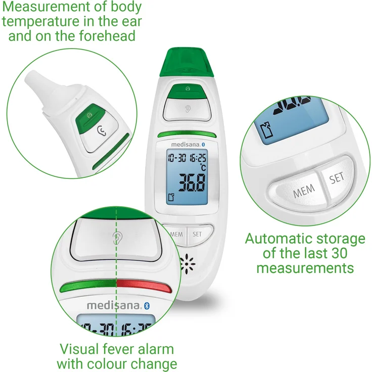 medisana TM 750 digitales 6in1 Fieberthermometer Ohrthermometer für Baby, Kinder und Erwachsene, Stirnthermometer mit visuellem Fieberalarm, Speicherfunktion und Bluetooth – Bild 6