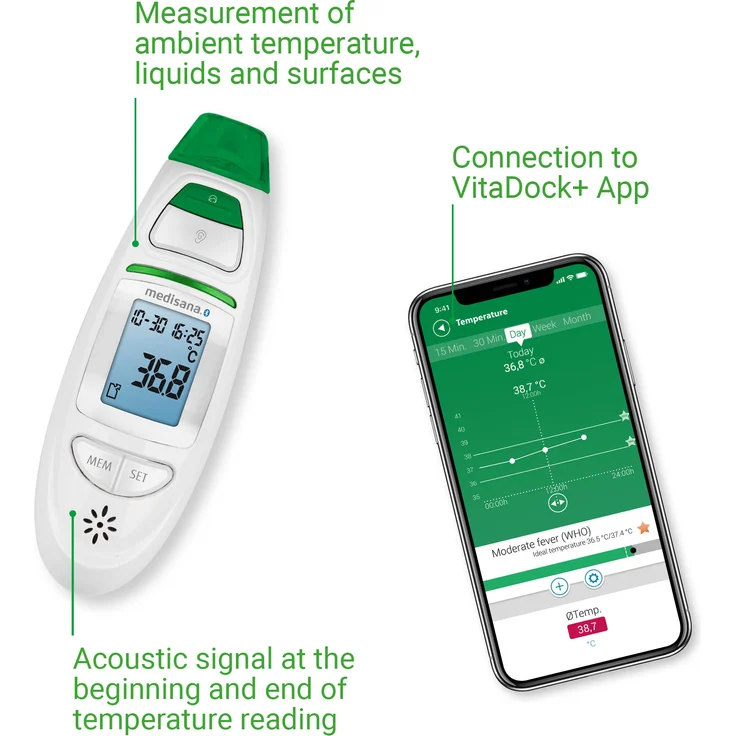 medisana TM 750 digitales 6in1 Fieberthermometer Ohrthermometer für Baby, Kinder und Erwachsene, Stirnthermometer mit visuellem Fieberalarm, Speicherfunktion und Bluetooth – Bild 5
