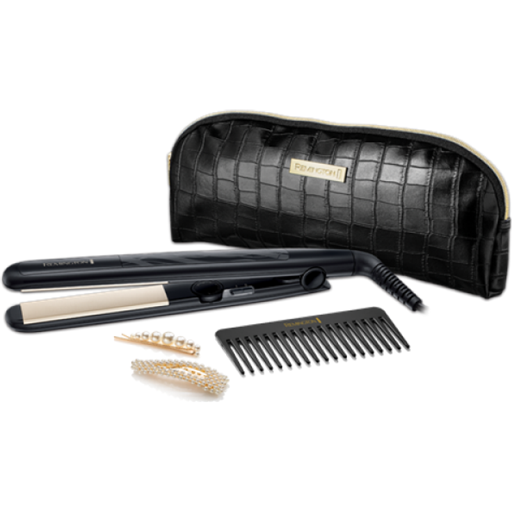 Remington Geschenkset S3505GP Turmalin-Keramikbeschichtung inkl. Aufbewahrungstasche, Kamm und zwei goldene Perlen-Spangen