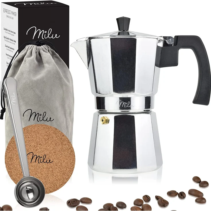 Milu Espressokocher (No Induktion) | Aluminium Mokkakanne, Espressokanne, Espresso Maker Set inkl. Untersetzer, Löffel, Bürste Aluminium, 300ml – Bild 1