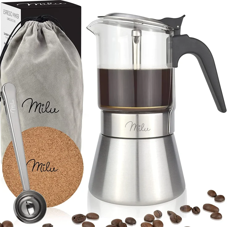 Milu Espressokocher Induktion geeignet | Edelstahl Glas Mokkakanne, Espressokanne, Espresso Maker Set inkl. Untersetzer, Löffel, Bürste 200ml – Bild 1